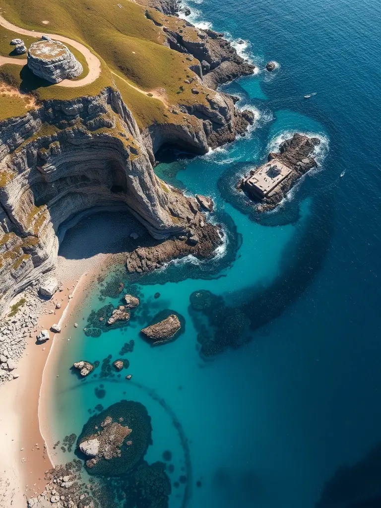 A stunning aerial view of the Trégor coastline, highlighting the diverse marine ecosystems and the importance of ASSO SAUVEGARDE DU TREGOR's coastal conservation initiatives.