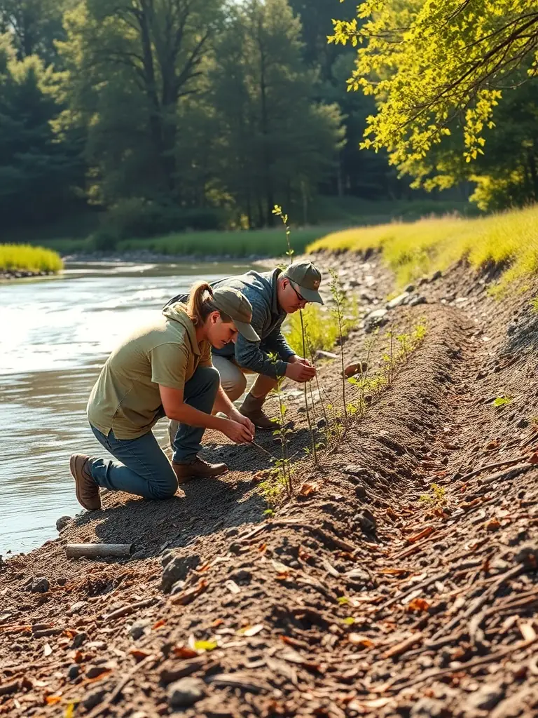A vibrant photograph capturing volunteers planting native trees along a riverbank in the Trégor region, showcasing the association's reforestation efforts.