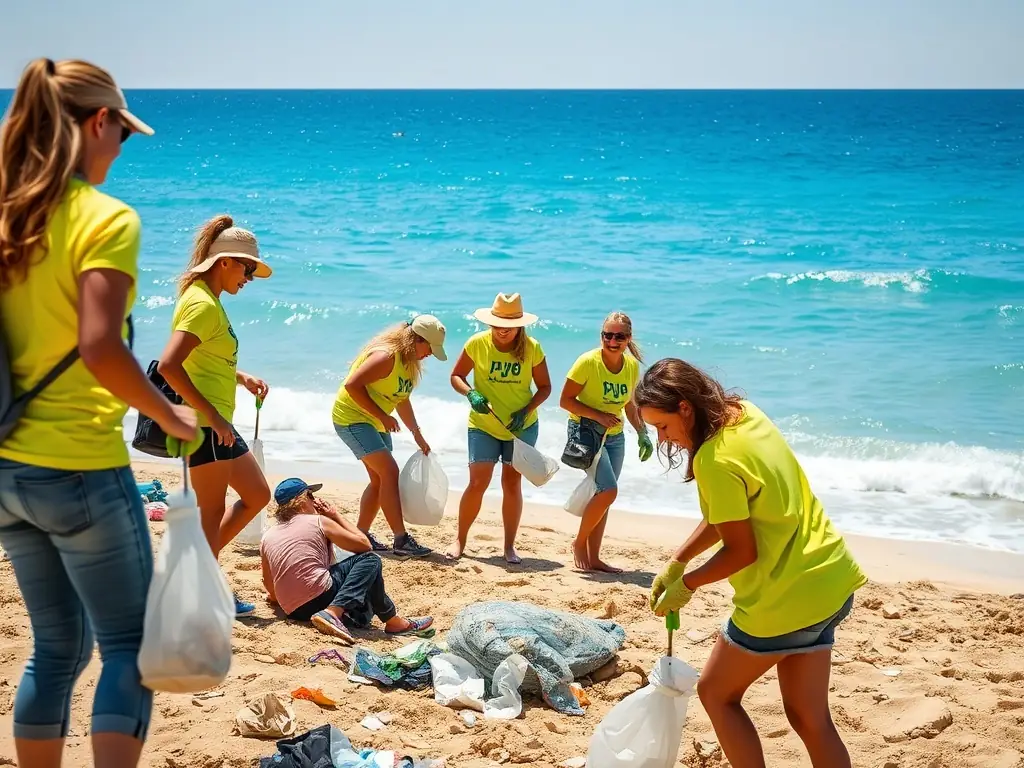 A captivating image of a coastal cleanup event, with volunteers collecting debris from the beach, symbolizing ASSO SAUVEGARDE DU TREGOR's dedication to coastal preservation.