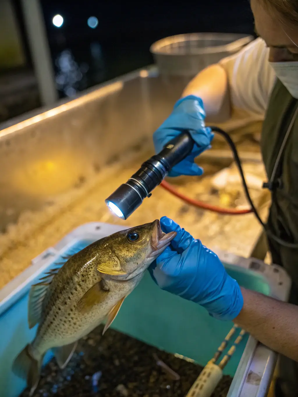 A close-up shot of a researcher examining a sample of marine life collected from the Trégor coastline, illustrating the association's marine conservation work.