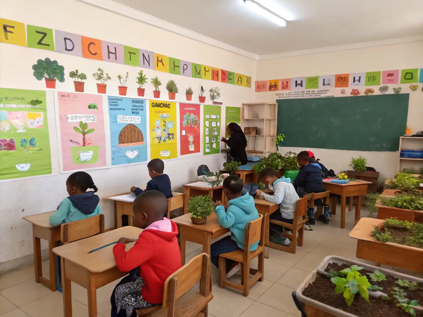 An educational workshop in a local school, where instructors are teaching children about the importance of biodiversity and environmental stewardship.