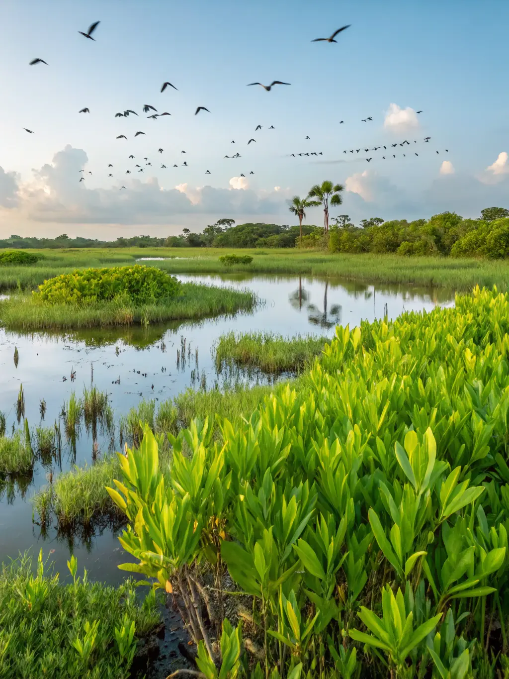 A photo of a restored wetland area teeming with wildlife, showcasing the positive impact of wetland conservation projects.
