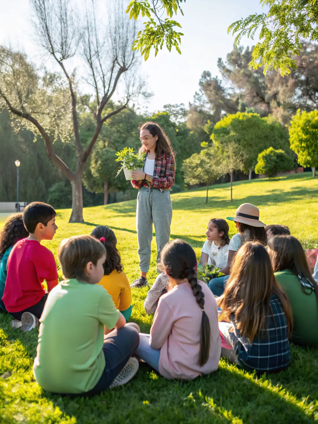A person educating a group of children about local flora and fauna, emphasizing environmental education programs.
