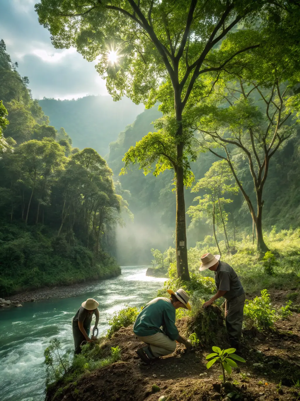 A vibrant photograph capturing volunteers planting native trees along a riverbank in the Trégor region, showcasing ASSO SAUVEGARDE DU TREGOR's reforestation efforts.