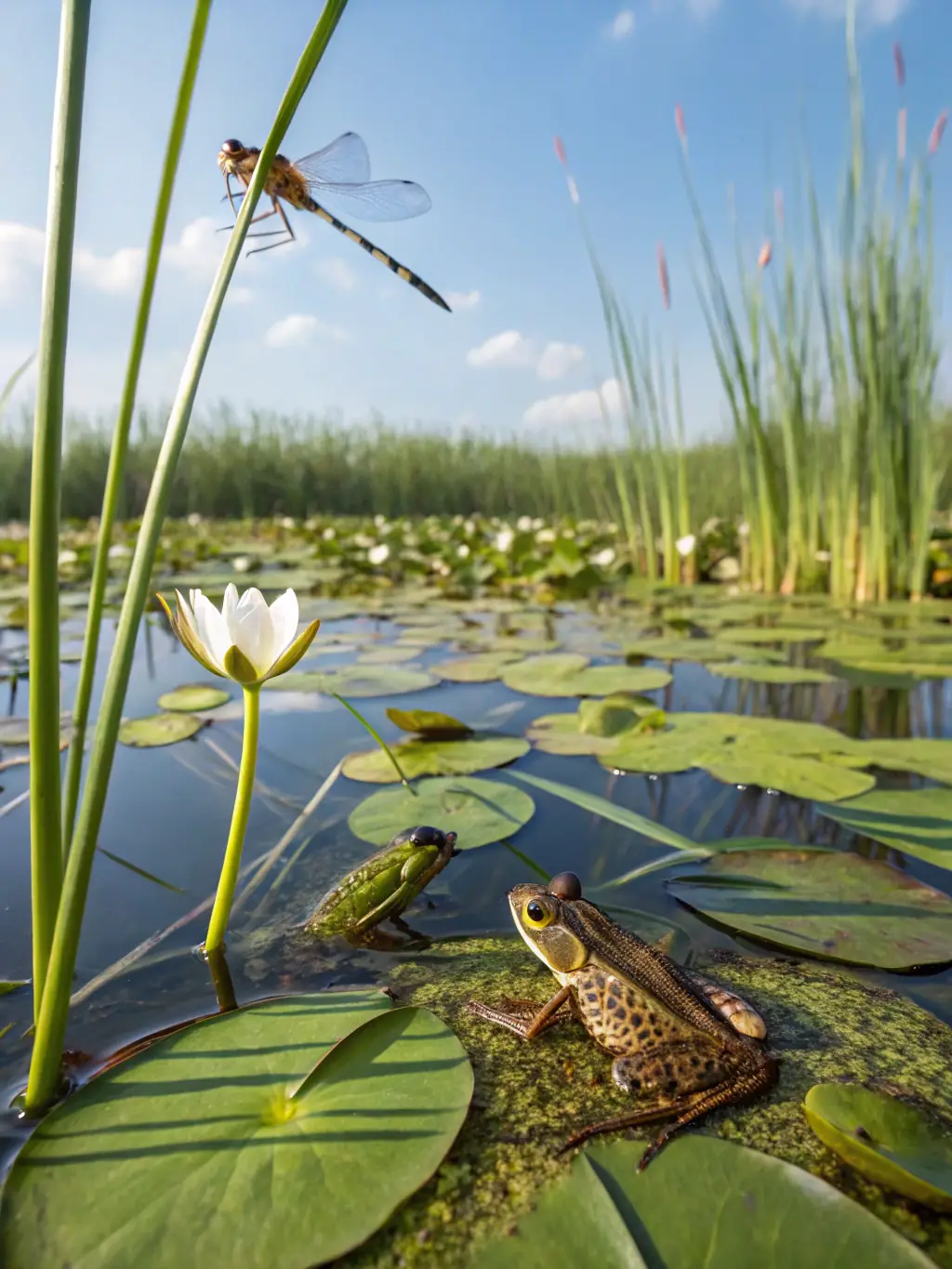 A close-up shot of a protected wetland area in the Trégor region, showcasing the unique biodiversity and the importance of ASSO SAUVEGARDE DU TREGOR's wetland preservation efforts.