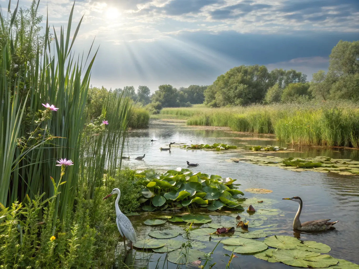 A vibrant image showcasing a restored wetland area with diverse plant and animal life, reflecting ASSO SAUVEGARDE DU TREGOR's commitment to wetland conservation.