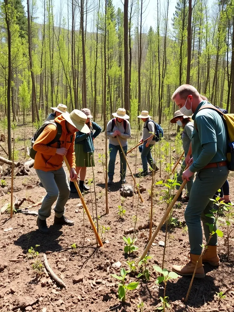 A volunteer planting trees in a deforested area, symbolizing reforestation efforts by ASSO SAUVEGARDE DU TREGOR.