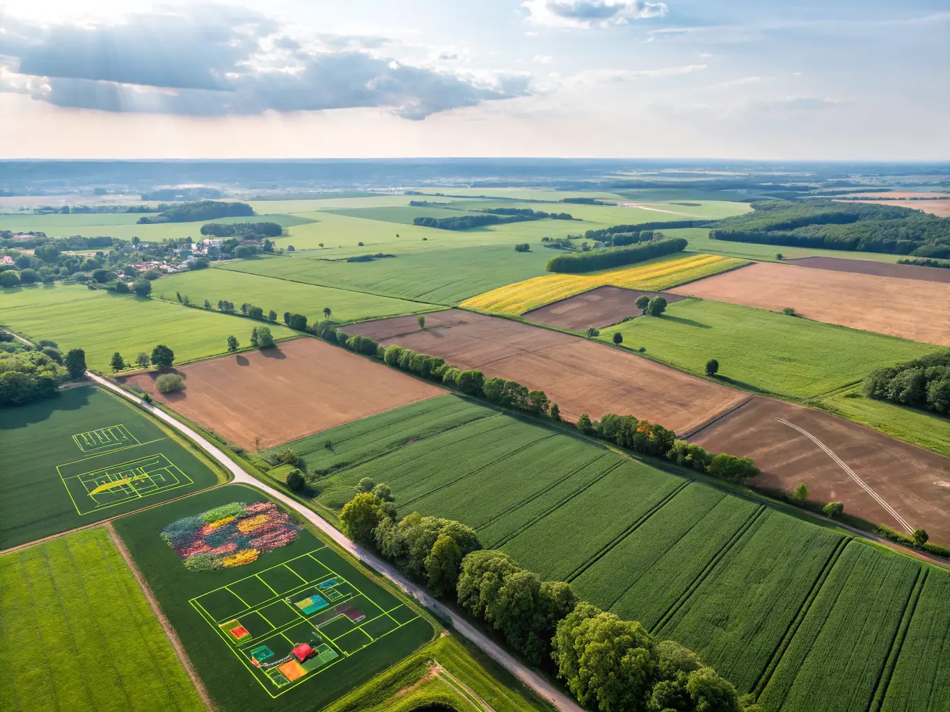 An aerial view of farmland interspersed with natural habitats, showcasing responsible land use practices supported by ASSO SAUVEGARDE DU TREGOR.