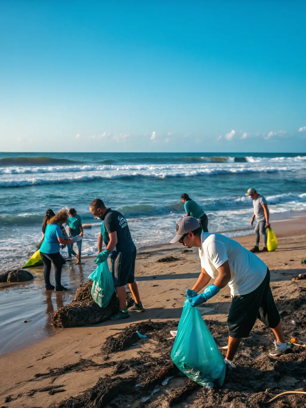 A group of people cleaning up a beach, removing plastic and other debris, representing coastal cleanup initiatives.